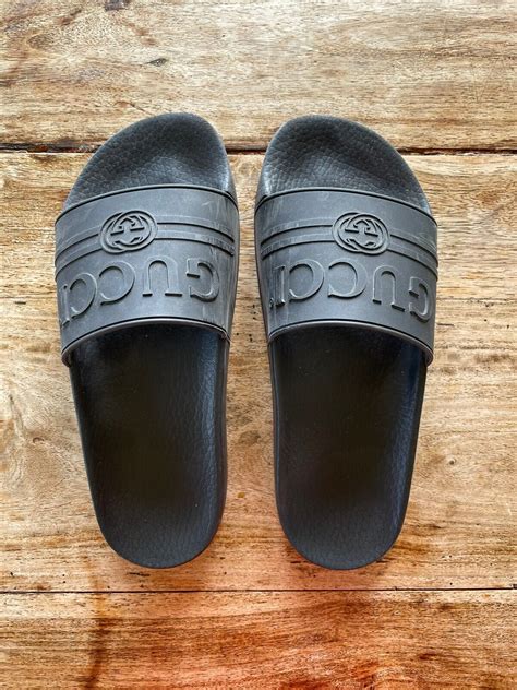 gucci logo rubber slide sandal|gucci rubber pursuit g slides.